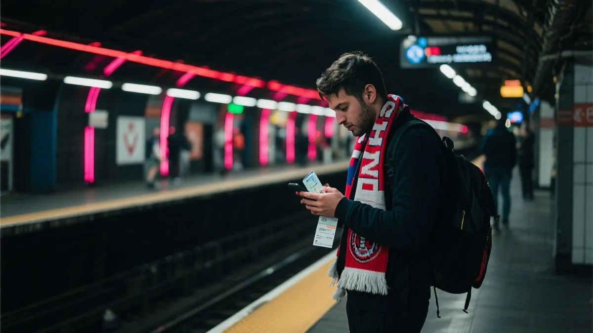 球迷在地铁站查看路线与票夹的观赛日出行场景