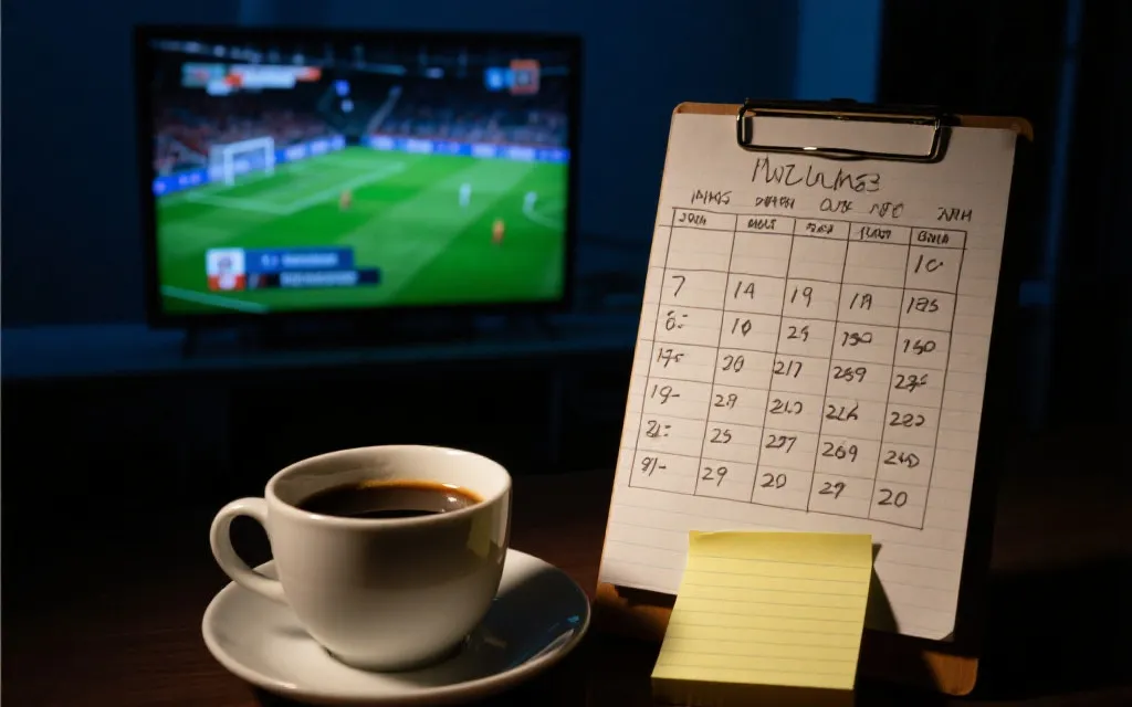 凌晨时分的足球赛直播画面与赛程表叠加的氛围图