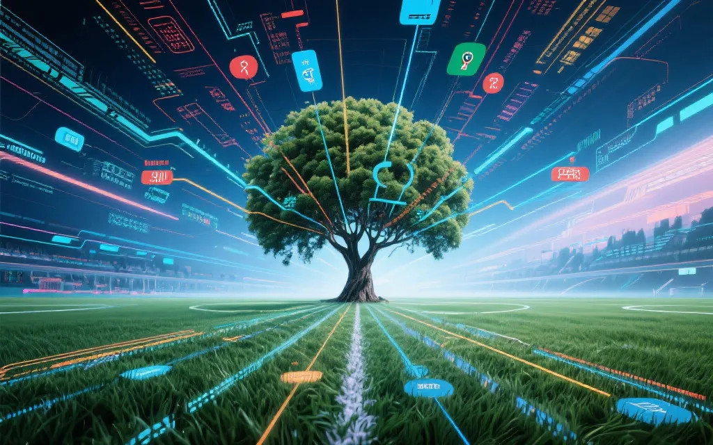 世界杯淘汰赛对阵树在多重宇宙中分叉的视觉概念图，体育数据与球迷笔记叠加