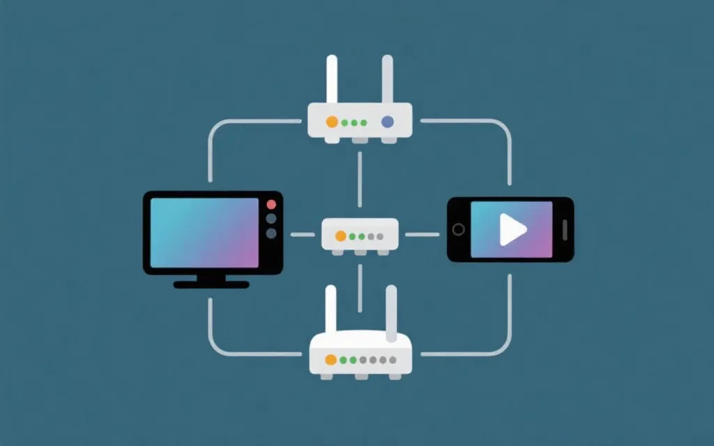 家庭路由器与电视、手机投屏的网络连接示意图，干净简洁的信息图风格
