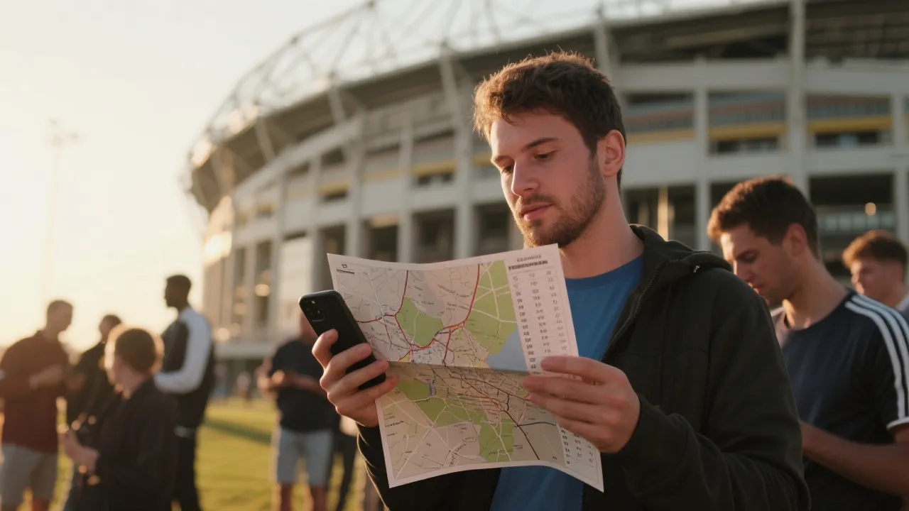 球迷在球场外查看赛程与交通路线的旅行计划画面